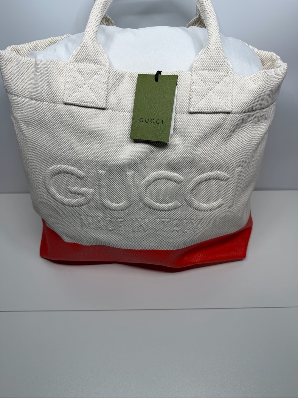 Gucci White & Orange Canvas Embossed Tote Bag NWT